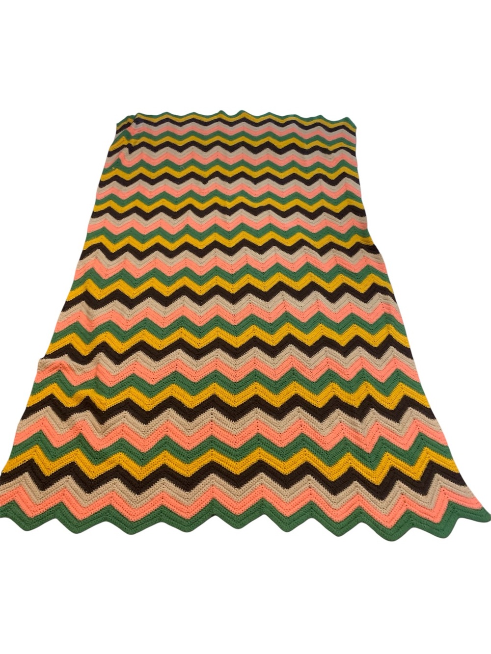 Vtg Chevron Throw Handmade Afghan Crochet 83” x 46” Green Brown Orange Pink
